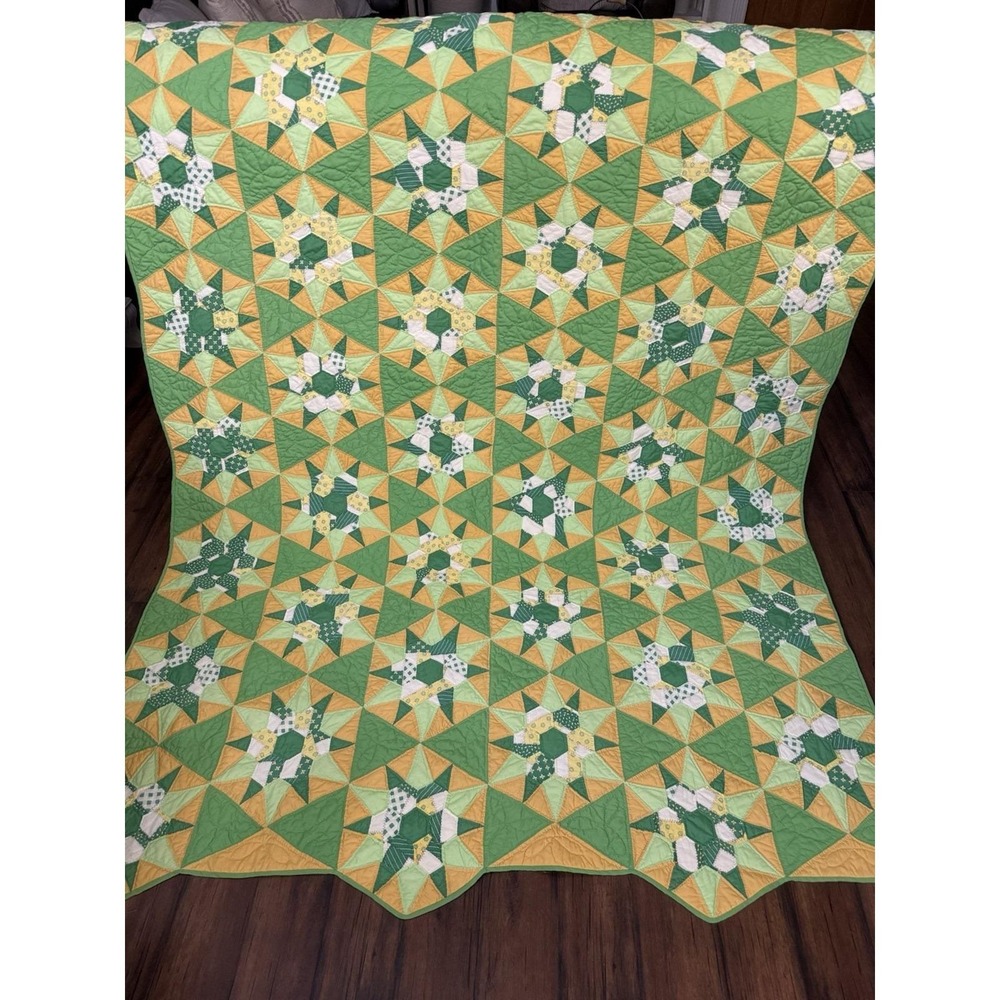 Vintage Hand Made Nine Patch Star Quilt 5'x8' Green Yellow Quilted Twin Double